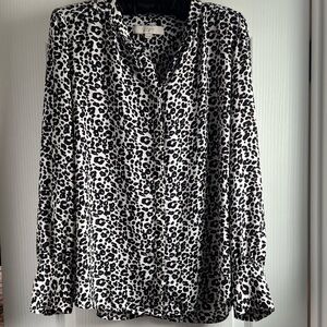 LOFT Black and White Leopard Print Button-Up Blouse